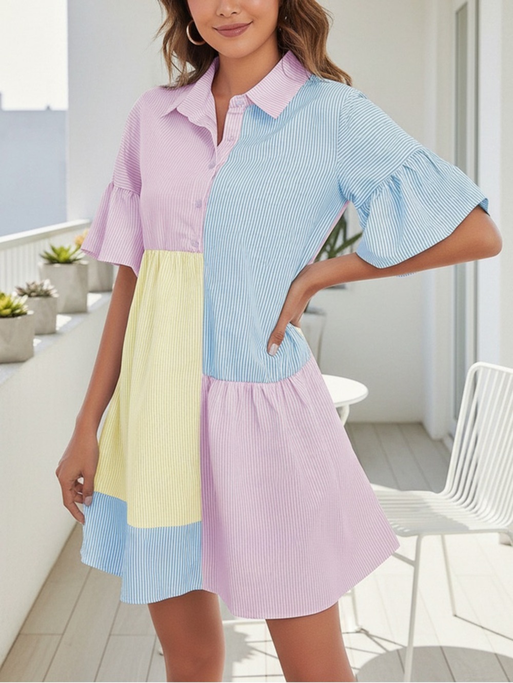 SHEIN Pastel Colorblock Mini Shirt Dress in Pink, Blue & Yellow